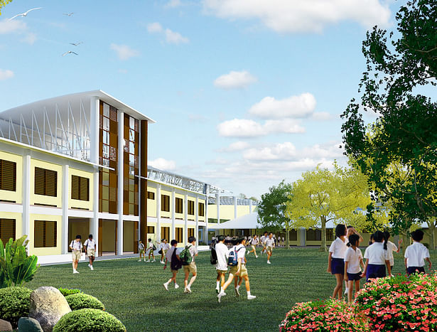 View from the courtyard; toward a classroom wing of the main building; rendered in Sketchup, with V-ray application, and edited in Photoshop