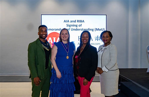 (From left): RIBA President Muyiwa Oki, AIA President Emily Grandstaff-Rice, AIA EVP/Chief Executive Officer Lakisha Ann Woods, and RIBA Chief Executive Dr. Valerie Vaughan-Dick following the signing of the Memorandum of Understanding. Image courtesy RIBA