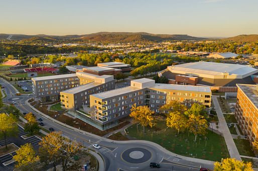 University of Arkansas Adohi Hall by Leers Weinzapfel Assoc. in collaboration with Modus Studio (Fayetteville, AR), Mackey Mitchell Architects (St. Louis), and OLIN (Philadelphia)​. Image courtesy of LWA