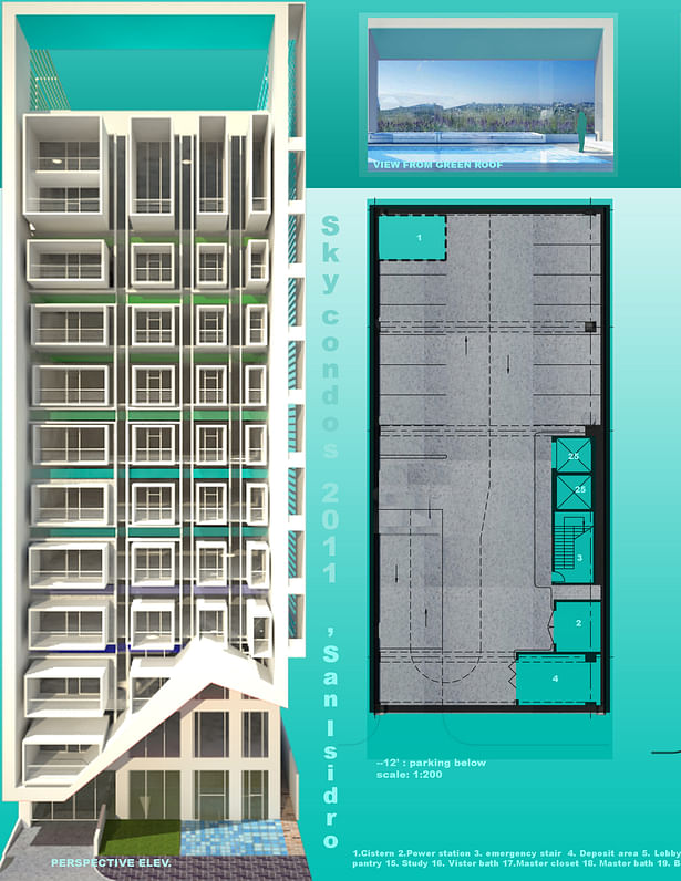 perspective elev., basement plan