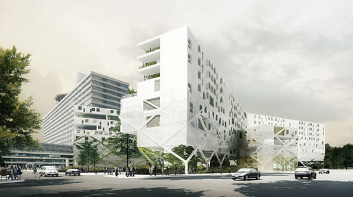 Street view of the proposed Copenhagen Rigshospital Expansion by DEVE Architecture, COWI A/S, WHITE Arkitekter A/S, LAND+ Landskabsarkitekter, Aps, and Lyngkilde A/S