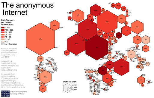 This cartogram from 2014, created by the Oxford Internet Institute, maps anonymous internet usage by country and shows the wide use of Tor in France. Credit: Wikipedia