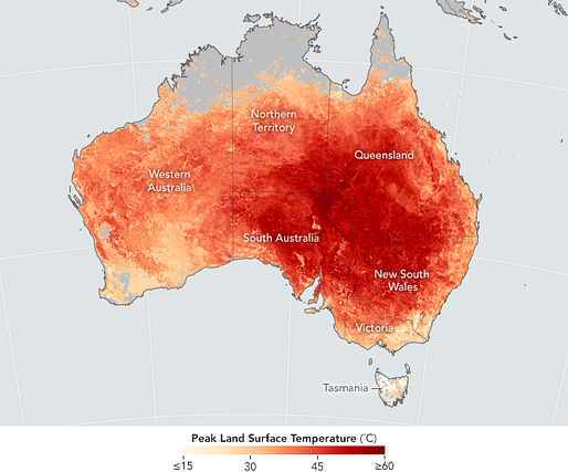 Shown: Map of Australia showing the extent of a devastating 2017 heatwave that struck the country. Image courtesy of NASA Earth Observatory.