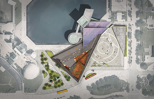 Rendering of the Rock & Roll Hall of Fame expansion plan. Image courtesy of Practice for Architecture and Urbanism (PAU).