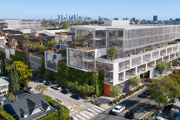 Echelon Studios, designed by RIOS, with a view to Downtown Los Angeles. (Rendering by Kilograph © 2021)