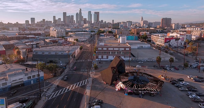 Hopscotch Opera Panorama (Hopscotch Central Hub), exterior view of temporary theater built in collaboration with Emmett Zeifman for The Industry’s production of Hopscotch, directed by Yuval Sharon, Los Angeles, 2015. (Photo courtesy of Constance Vale)