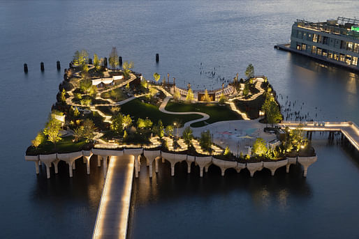 Aerial view of New York's new river park, Little Island. Photo: Michael Grimm.