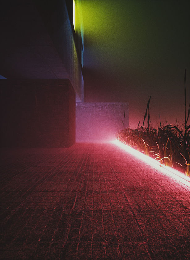 Walk Way | The pinkish neon walk way under the concrete building.