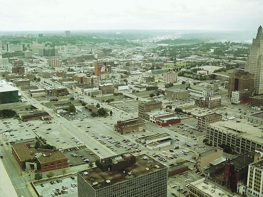 Plenty of surface parking lots in this historical photo of the Kansas City Power & Light District.