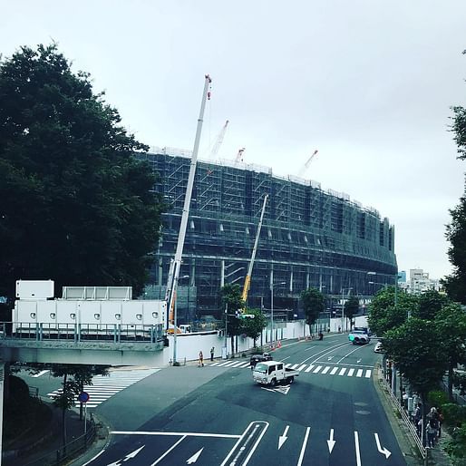 Construction progress of the New National Stadium Japan in August 2018. Photo by e8tov/<a href="https://www.instagram.com/p/BmsQEVjAYqA/?taken-at=236070801">Instagram</a>
