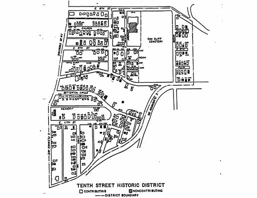 Map showing the boundaries and contributing structures that make up the Tenth Street historic district in Dallas, Texas. Image courtesy of the City of Dallas.