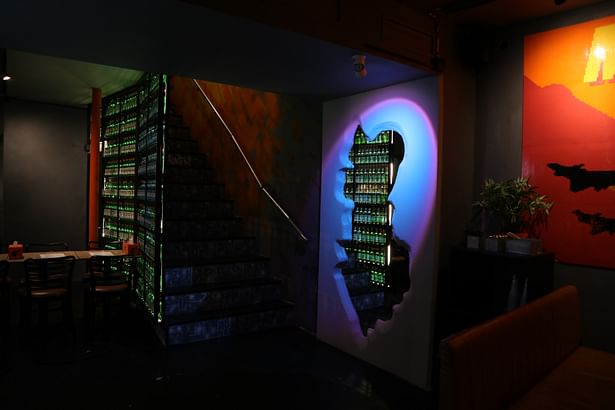 First floor: the monster mirror and soju(Korean alcohol) wall next to the staircase