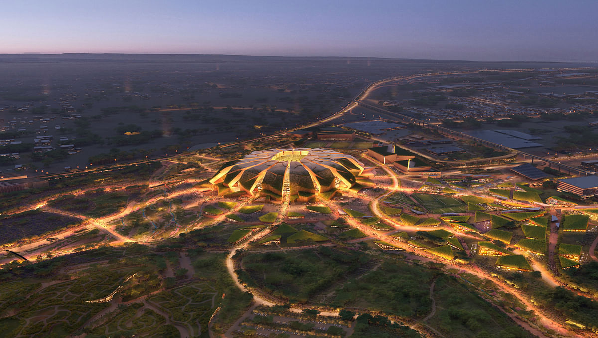 Populous' new Riyadh soccer stadium symbolizes a germinating seed emerging from the earth