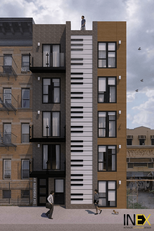 A striking keyboard facade adorns this upcoming Bushwick apartment building. Rendering by INEX Design.