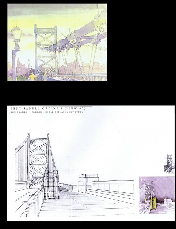 Ben Franklin Bridge - security enclosure at the walkway level - day and night view