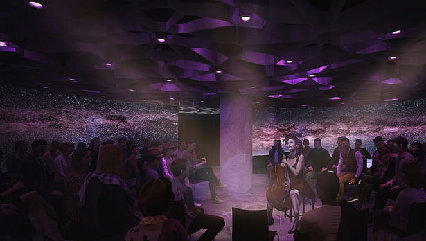 Architectural rendering of an intimate performance style set-up showcasing lighting and projection panel displays that encompass the audience, immersing them in the performance.