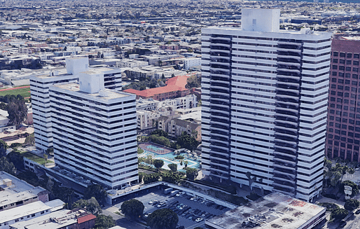 One of the buildings in the three-towered Barrington Plaza complex in Los Angeles caught fire. Image courtesy of Google Earth.