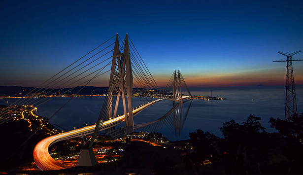 The bridge in a night view, seen from the Calabria side