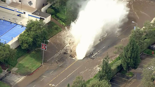 The broken water main created a large sinkhole in front of Marymount High School on Sunset Blvd. Credit: KTLA
