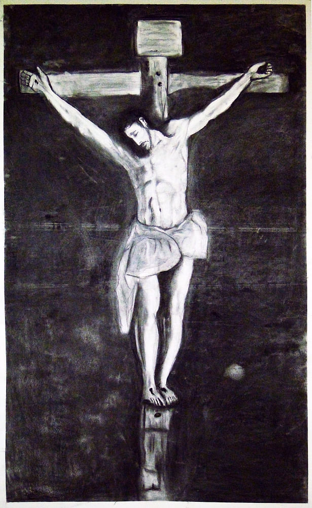 Copy of 'Christ on the Cross' by Francisco de Zubaran, 36' x 72', charcoal