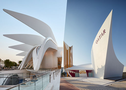 Santiago Calatrava's UAE Pavilion (left) and Qatar Pavilion (right) at the Expo 2020 Dubai. © Palladium Photodesign - Oliver Schuh + Barbara Burg