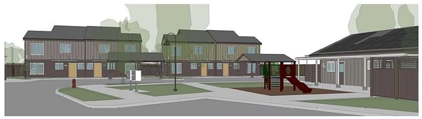 Rendering of the apartment and community building displaying the new siding and paint colors.
