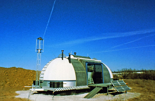 Solar and wind powered mobile autonomous Dwelling designed to fully function as a habitation structure for one person completely off of the grid 1979.