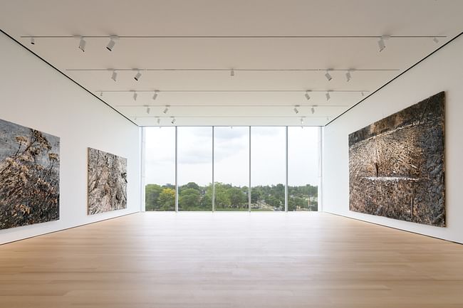 View of a gallery on the third floor of the Gundlach Building with, from left to right, Anselm Kiefer, der Morgenthau Plan, 2012; Anselm Kiefer, Gehäutete Landschaft (Skinned Landscape), 2017; Anselm Kiefer, Die Milchstrasse (The Milky Way), 1985-1987. Image © Marco Cappelletti.