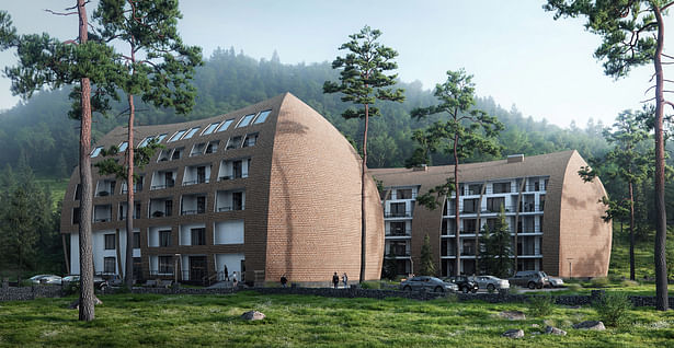 architectural 3d rendering of a residential complex in Georgian mountains