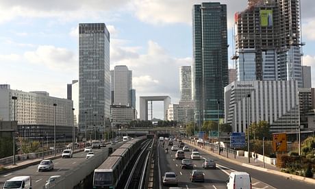 A view of the La Défense district, with La Grande Arche in the centre. The arch's roof has a viewing platform, restaurant and museum, but has been closed for four years. (The Guardian; Photograph: Michel Euler/AP)