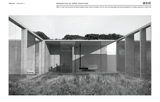Perspective of Inner Courtyard: A view into the central courtyard, located 4 meter under the meadow. With the use of concrete, glass, and wood the spaces aim to create a reduction in visual noise.