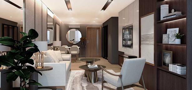 Garden City living room featuring compact luxury in condo design 