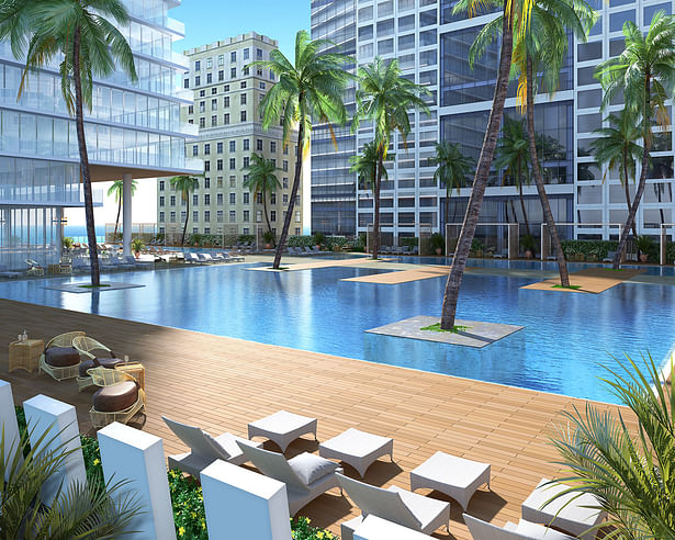 Pool deck on high rise condo in Miami. Modern, contemporary, sleek, architecture, design. ~Eddie Seymour