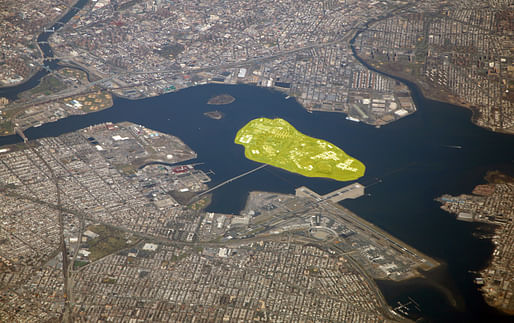 Aerial view of the East River in New York City with Rikers Island highlighted. Image courtesy of Flickr user Doc Searls.