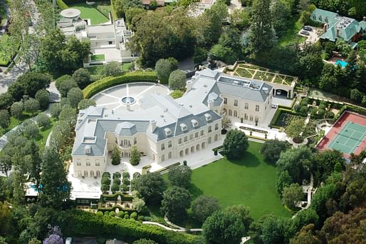 Aerial photo of the Spelling megamansion "The Manor" in Los Angeles. The 56,500-square-foot property <a href="https://archinect.com/news/article/150144519/56-000-square-foot-spelling-manor-sells-for-120-million-setting-new-california-record">changed owners for $120 million</a> in 2019, setting a new California record at the time. Image courtesy of Atwater Village Newbie/<a...