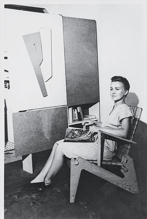 Anne Tyng in 1945 with her furniture designs. Anne Griswold Tyng Collection/The Architectural Archives, University of Pennsylvania
