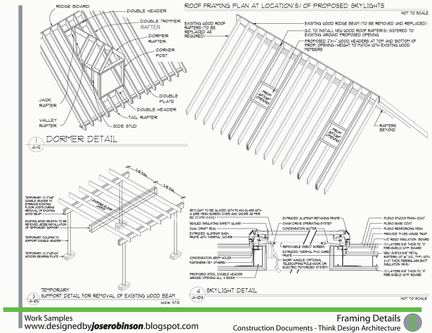 On this sheet, the above 2 details are roof framing isometrics. The lower left is for the temporary support of existing joists during the removal of a beam. The lower right is a skylight detail. 