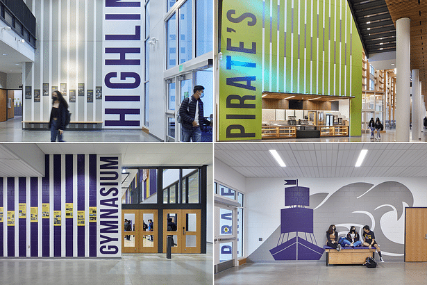 Experiential graphics are woven throughout the school by a custom timeline in a loom pattern, creating a sense of school pride and community.