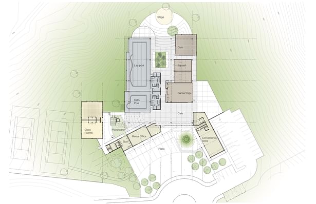 Plan view: the plaza is oriented to the geometry of the surrounding community while the facilities follow the topography.