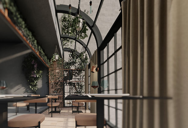 It brings in light and views, as well as the green interior creates an inviting terrace in the old town of Istanbul. Besides the shutters, the green will provide coolness in the hot summers of Istanbul.