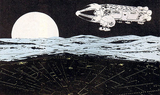 Moonship flying over Moon City, production art for Space: 1999 (1975) by Keith Wilson