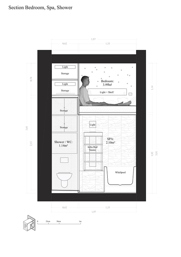 Cross-section: We see three of the four spaces of the Cabanon: shower / wc, spa, and bedroom. Guido is meditating.