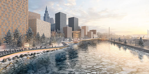 The Cuyahoga Riverfront development in Cleveland. Concept rendering © Adjaye Associates