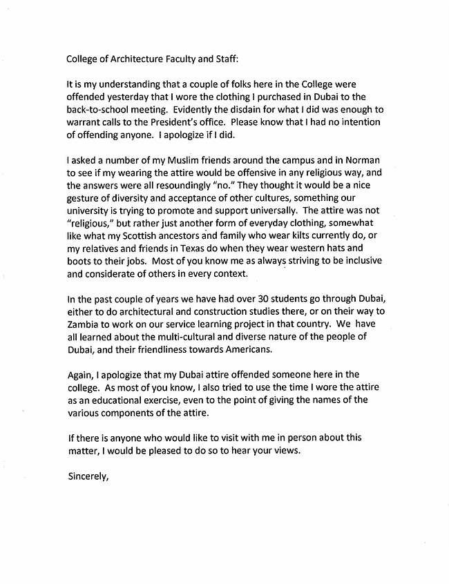 Dean Graham's apology letter via the Oklahoma Daily