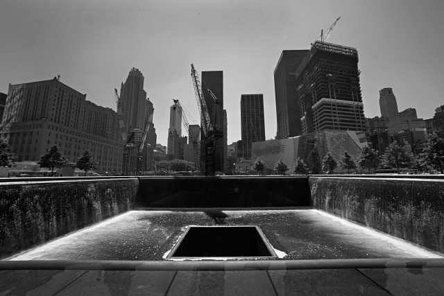 The September 11 Memorial consists of two 30-foot deep pools in the footprint of the original Twin Towers. Credit: Carolyn Cole/Los Angeles Times