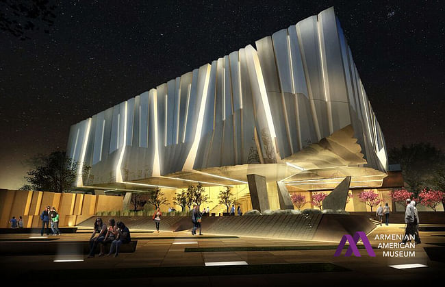 Night front view of the proposed Armenian American Museum in Glendale, California. (Image via armenianamericanmuseum.org)