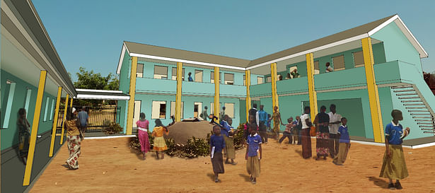 Rendering of the children's courtyard and new two-story administrative block building, containing classrooms, offices and latrines. 