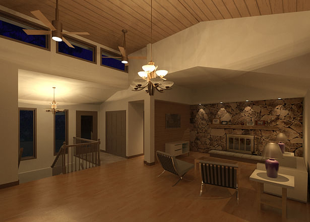 Rendering of Great Room with existing rock accent