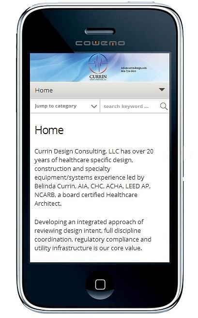 New website development for healthcare design architect. Developed website for viewing on both desktop and a variety of mobile devices (intuitive/responsive). Website as it appears on a mobile device.