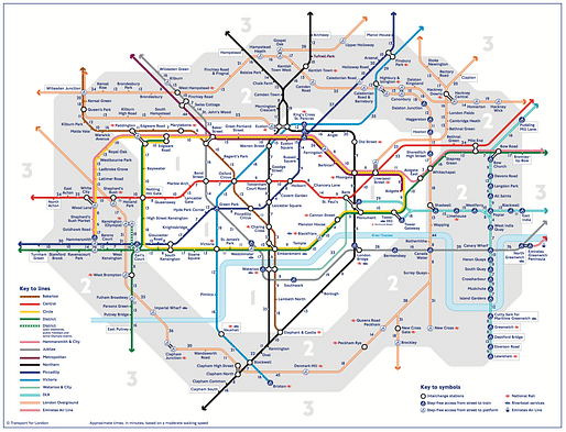 This is the first official map to show walking times between stations, although there have been several unofficial versions made. Credit: Transport for London / Mayor of London